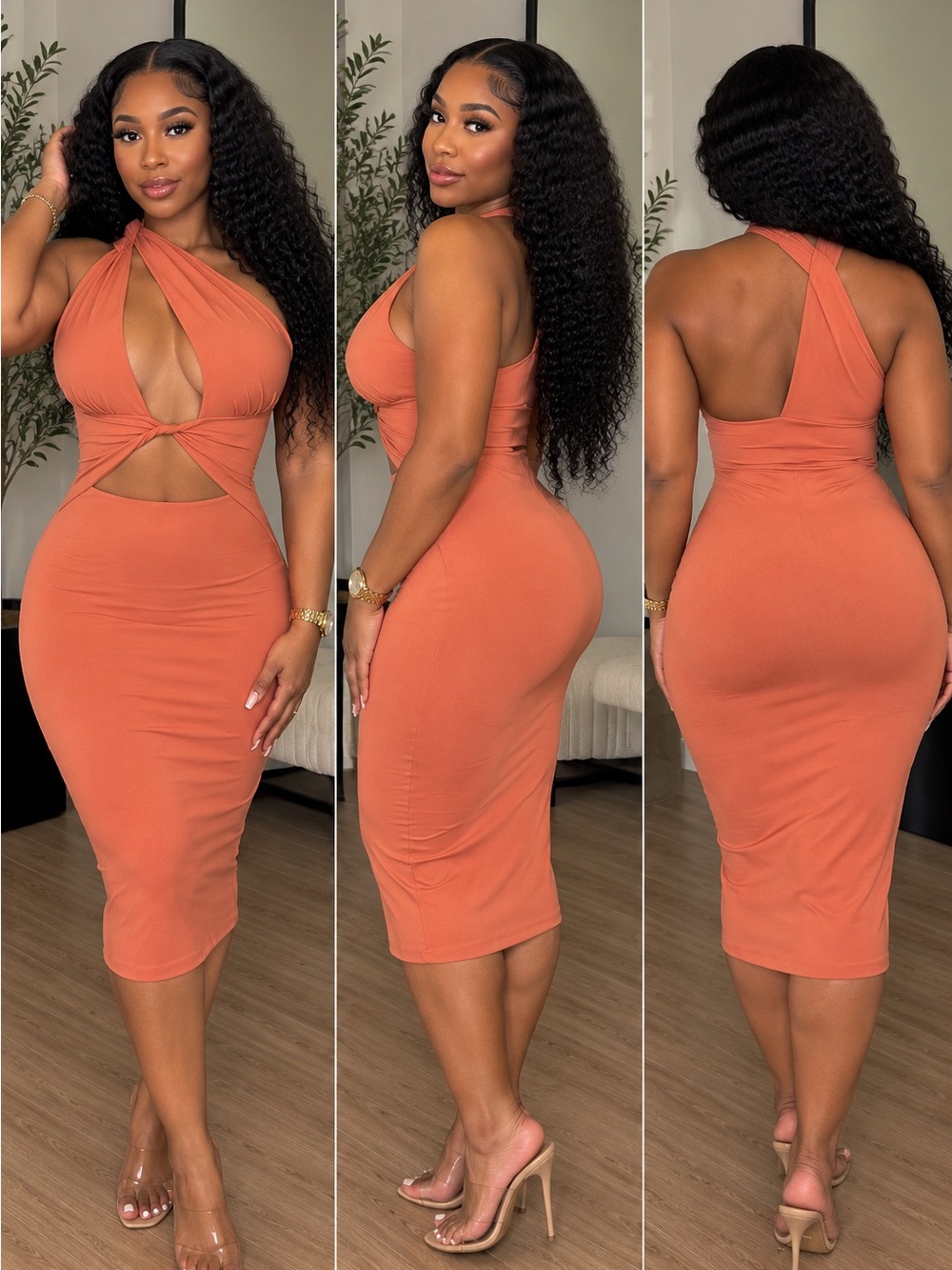 Oh Polly Rust Orange One-Shoulder Twist Cutout Midi Dress